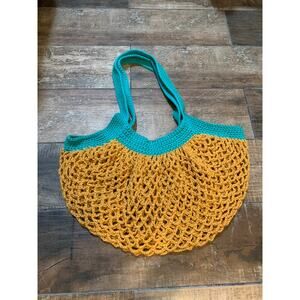 Handmade crochet mesh market bag turquoise and gold